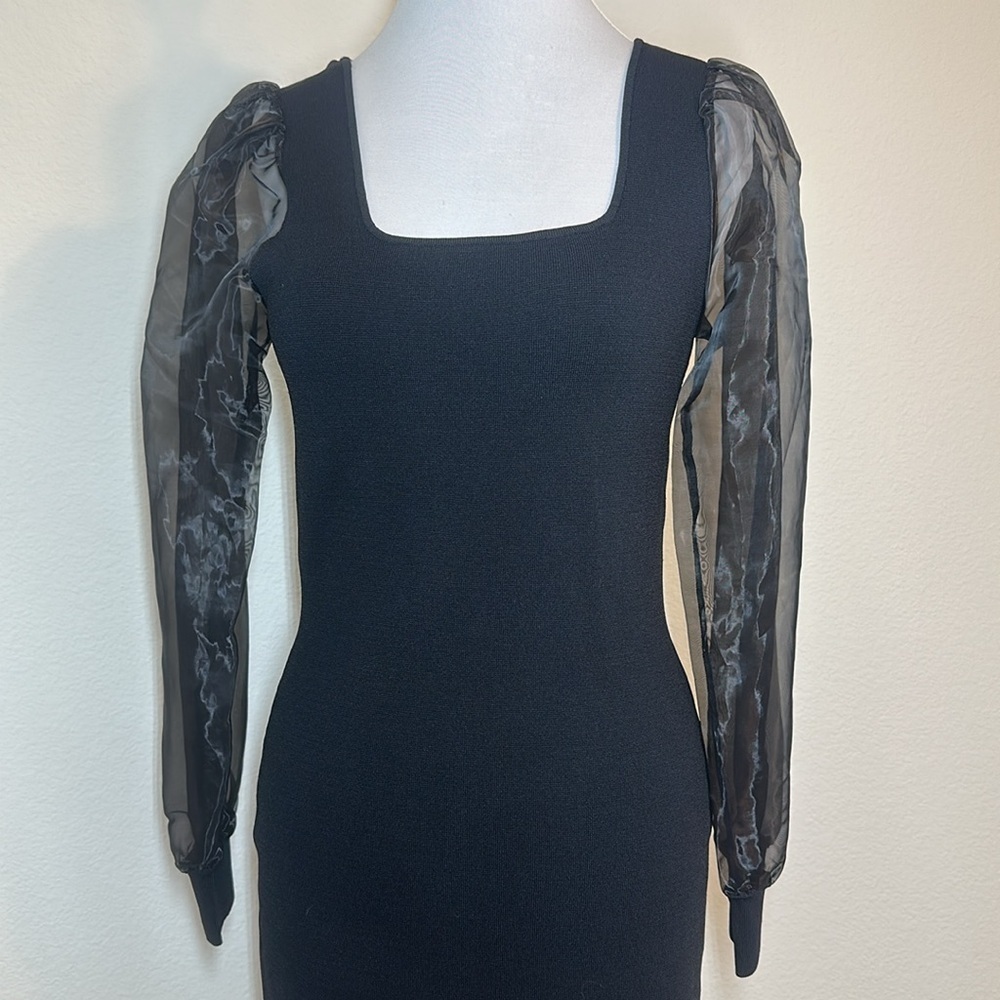 House of Harlow 1960 Bodycon Scoop Neck Knit Chiffon Sleeve Black Cocktail Dress - Picture 2 of 15